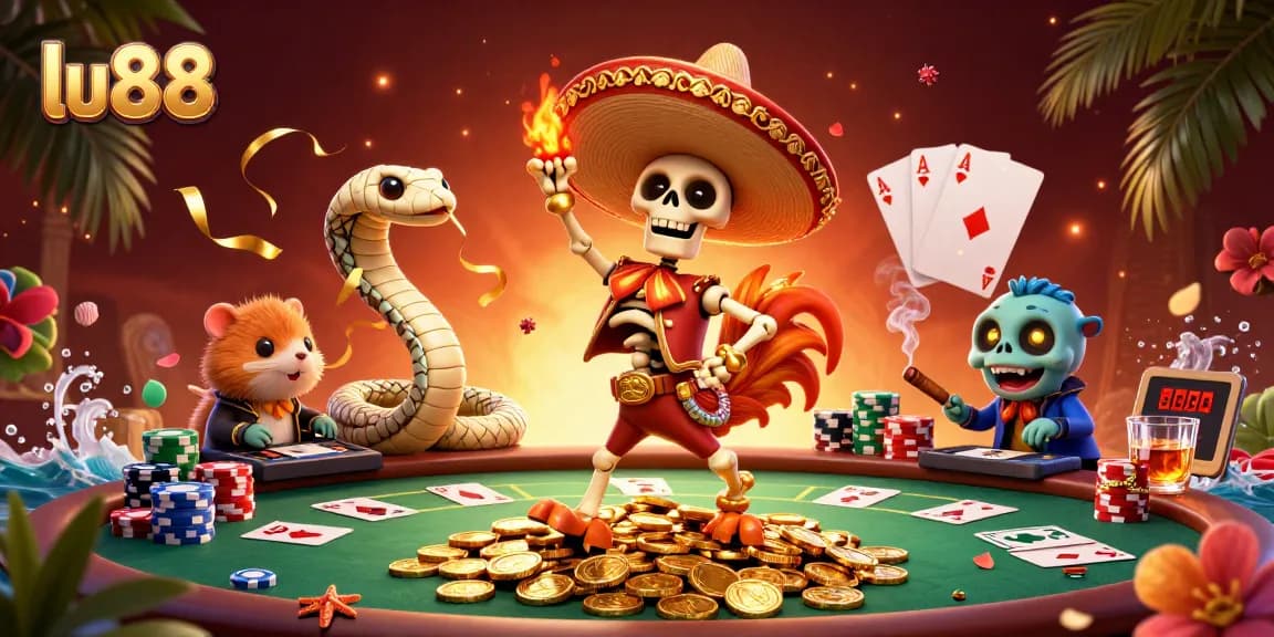 Experience the thrill of winning at lu88 with a vibrant 3D casino scene featuring unique characters and poker elements.