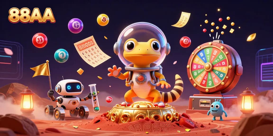 Join 88AA as a Martian gecko discovers a vibrant casino with lottery elements exploding around the scene.