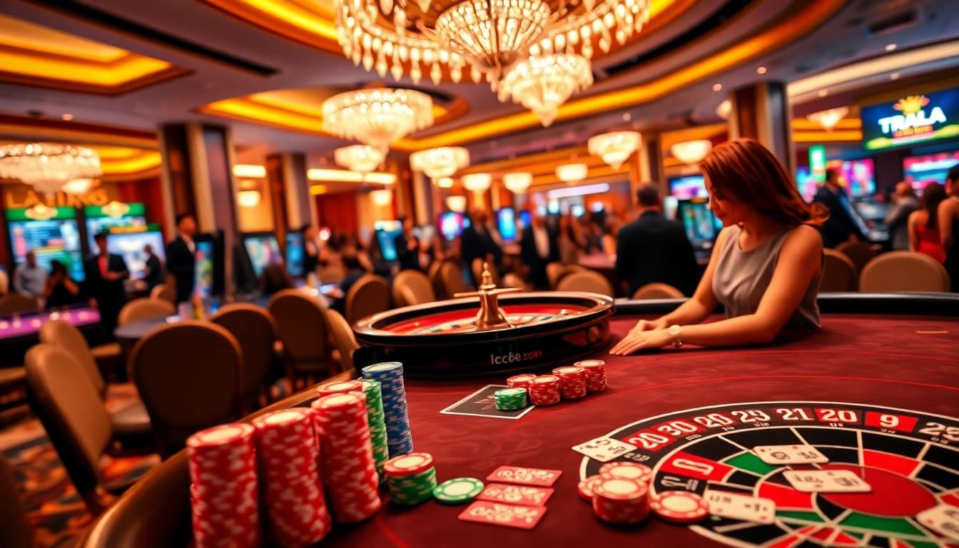 Experience the thrill of LC88 with vibrant casino games, chips, and a sparkling roulette wheel.