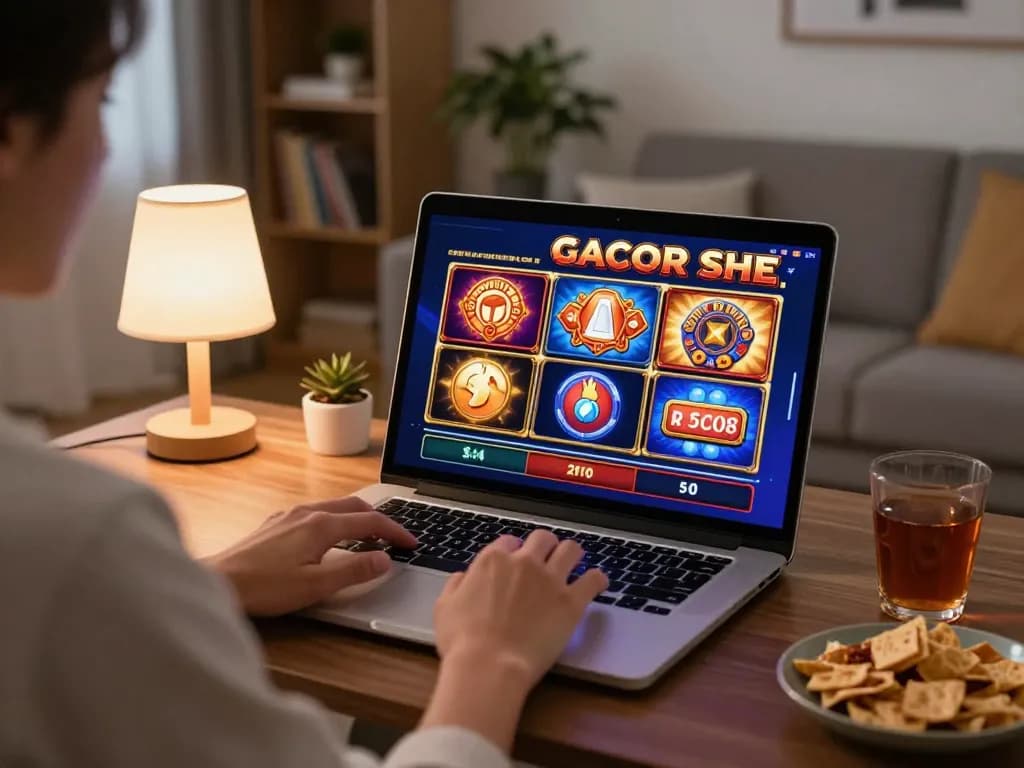 Engaging gameplay on slot gacor machines in a cozy home setting, highlighting online gaming excitement.