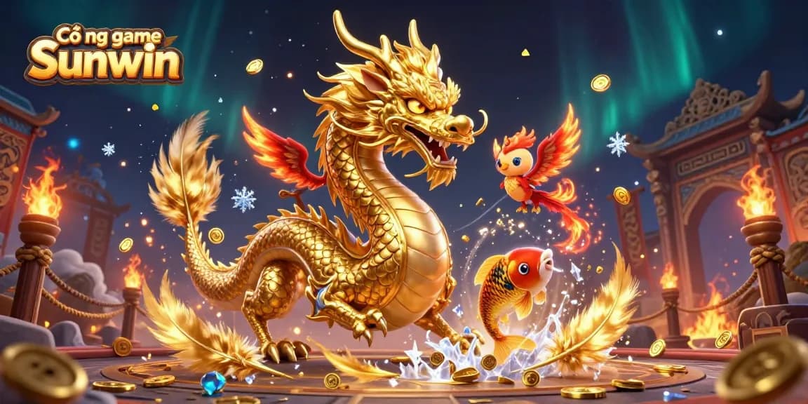 Cổng game Sunwin showcases a dynamic 3D scene featuring a golden dragon, phoenix, and koi fish amidst casino elements, emphasizing vibrant gaming excitement.