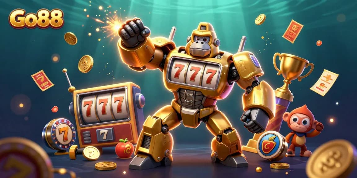 Experience the excitement at Go88 with a dynamic 3D illustration of a slot machine mech and casino elements.