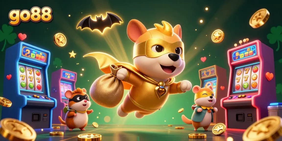Experience go88 excitement with a superhero dog and hamster in a vibrant casino-themed 3D scene.