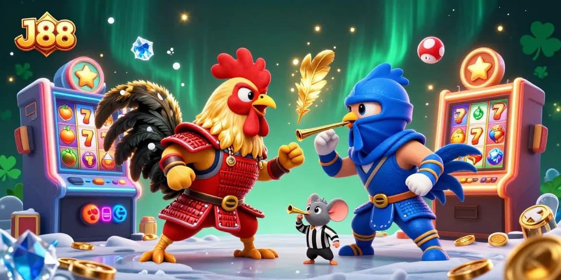 Engage in thrilling J88 casino gameplay with dynamic fighting roosters and vibrant slot machines.