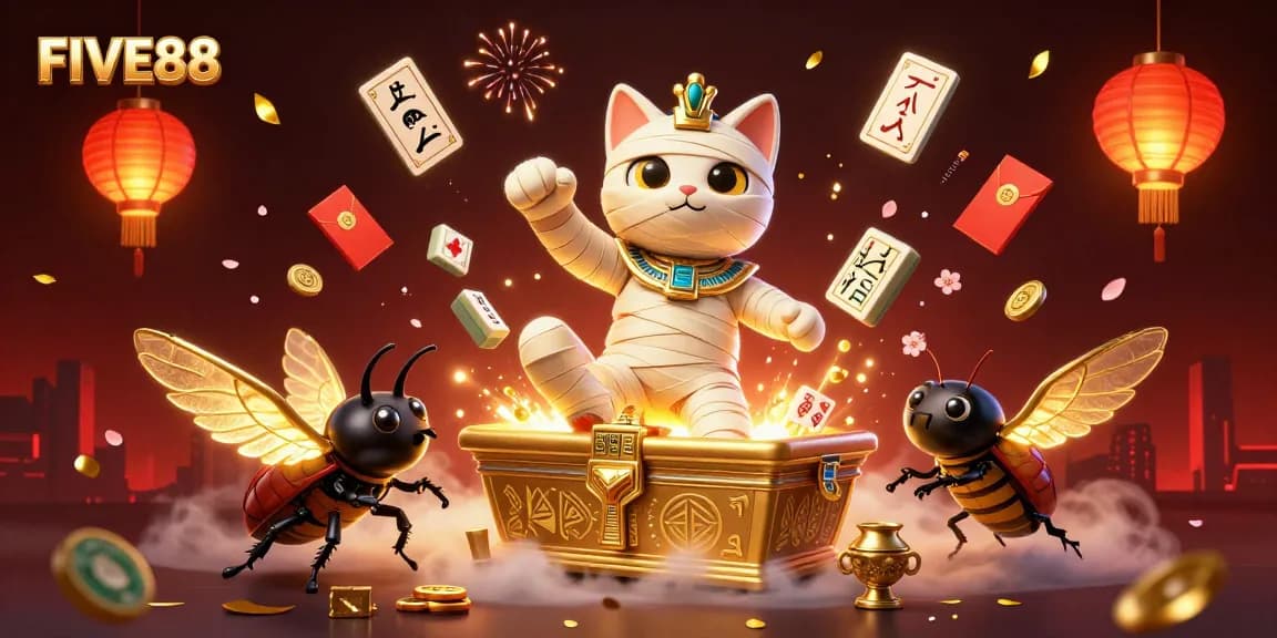 FIVE88 illustrations of an Egyptian mummy cat emerging in a vibrant casino scene.