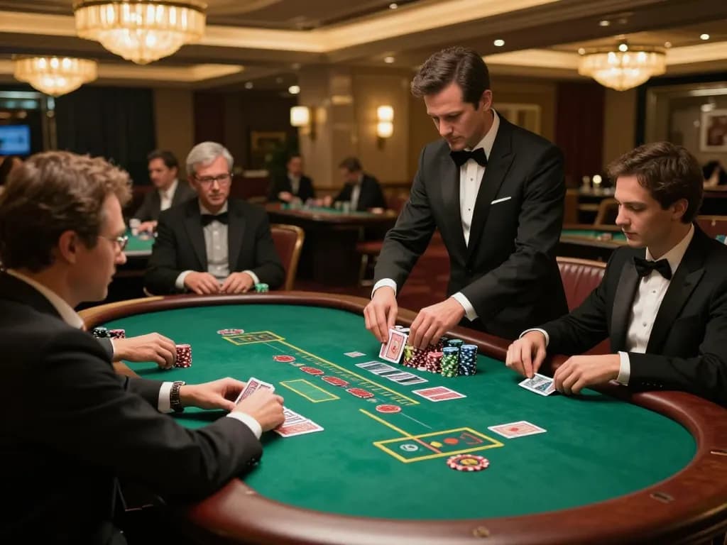 Engaged players at blackjack table in upscale casino, showcasing strategic gameplay and DA88 dealer interaction