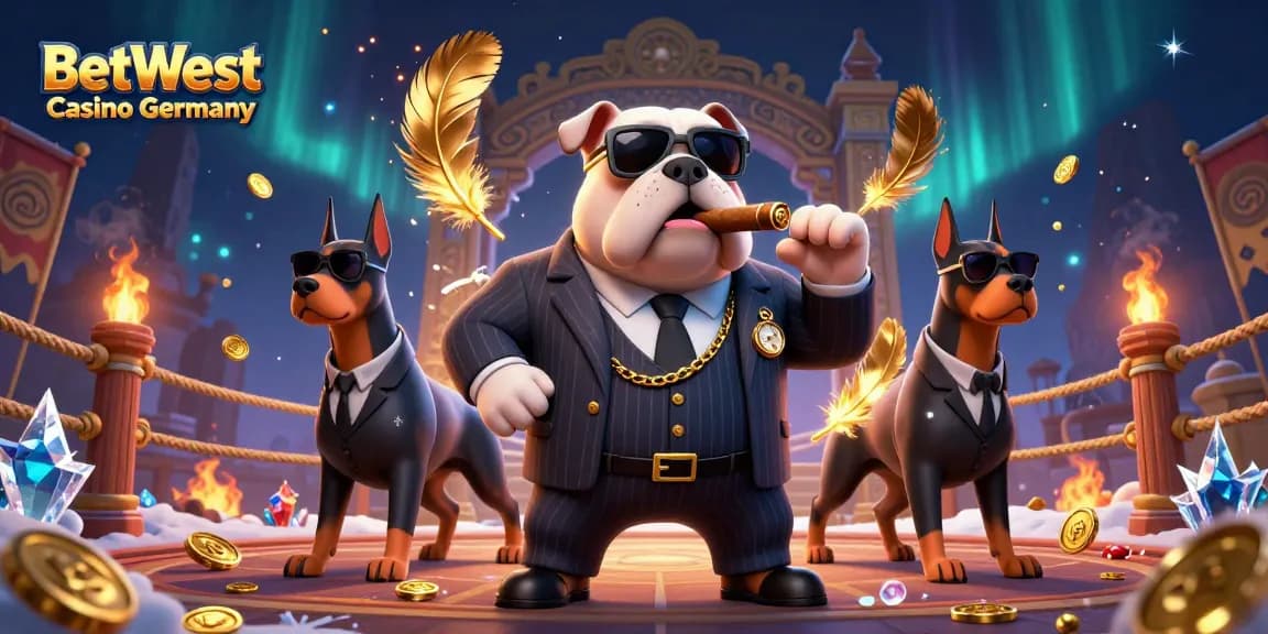 BetWest Casino Deutschland: 3D-Illustration eines Mafioso-Bulldogs mit Bodyguards in einem Glücksspiel-Szenario.