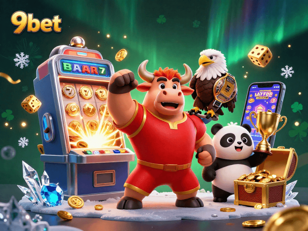 Experience the excitement of 9bet with a vibrant casino scene featuring cartoon characters and winning games.