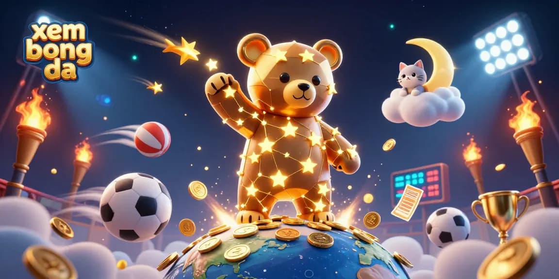 Experience xem bong da action with vibrant sports elements and a cosmic bear in a dynamic illustration.