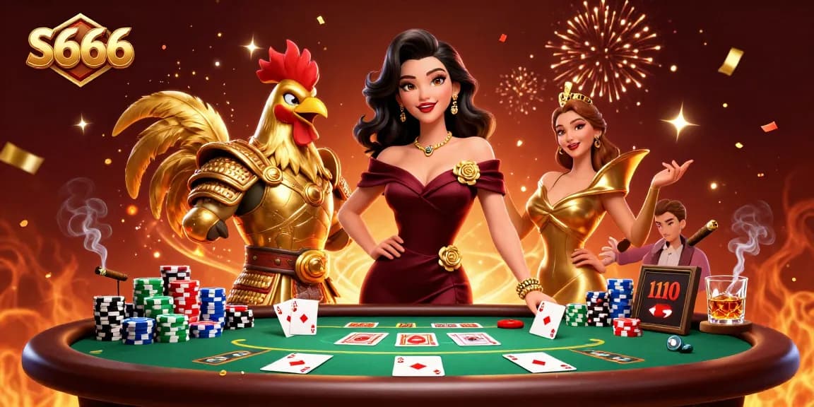 S666 delivers an exhilarating poker experience with a glamorous woman and golden rooster warrior amidst vibrant chips and cards.