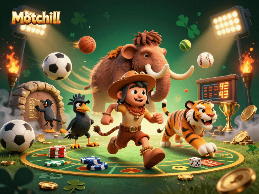 Experience thrilling gameplay at Motchill's prehistoric casino with vibrant characters and dynamic elements.