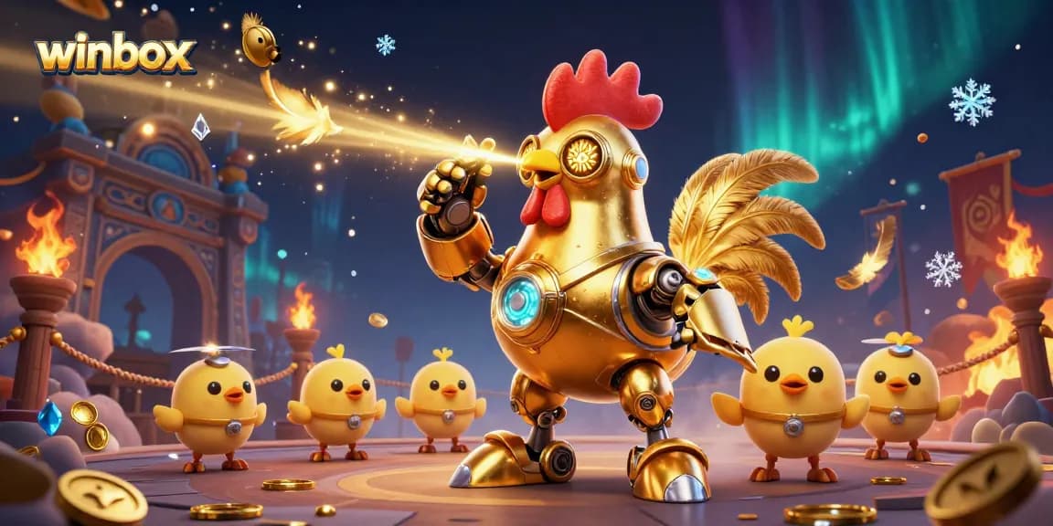 Winbox unleashes excitement with a golden rooster robot and baby chick drones in a vibrant casino scene.