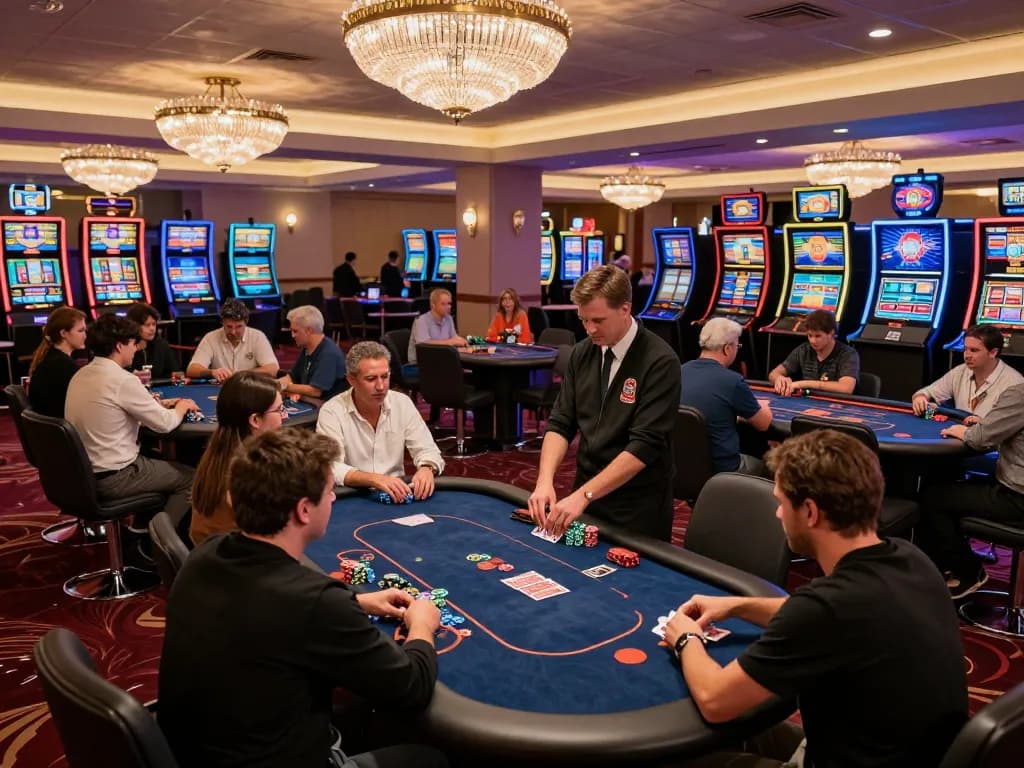 Players enjoying poker at an upscale casino with vibrant activity and a focus on winning strategies at mb668.