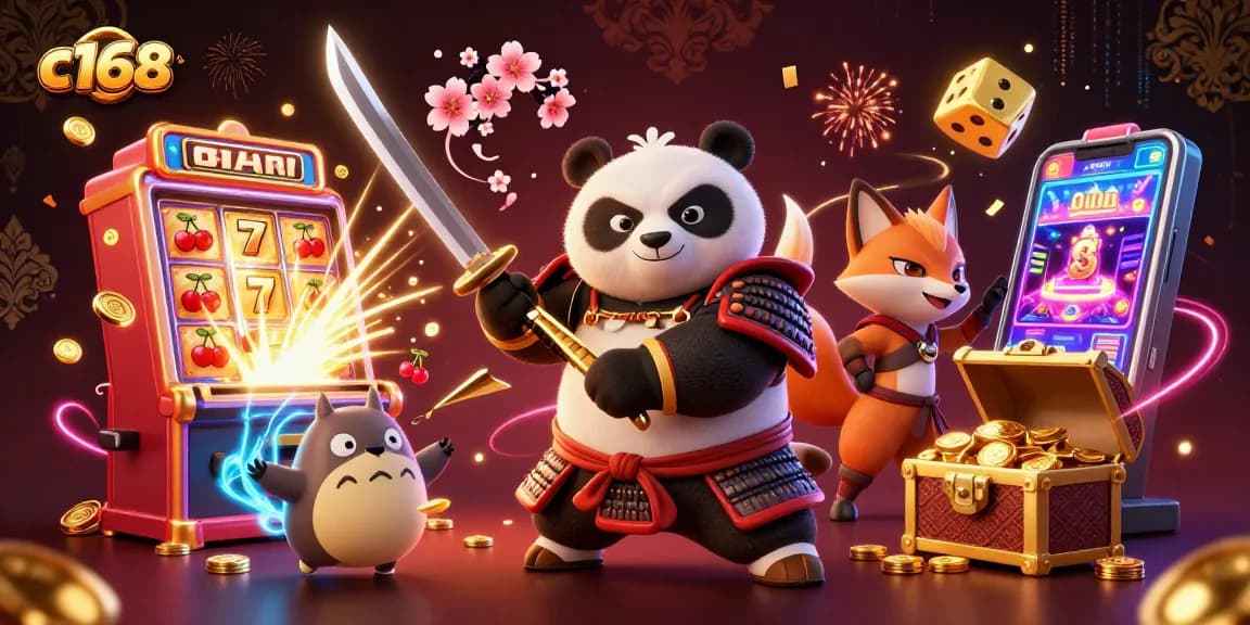 Experience thrilling wins with c168's vibrant samurai panda and action in an electric casino scene.
