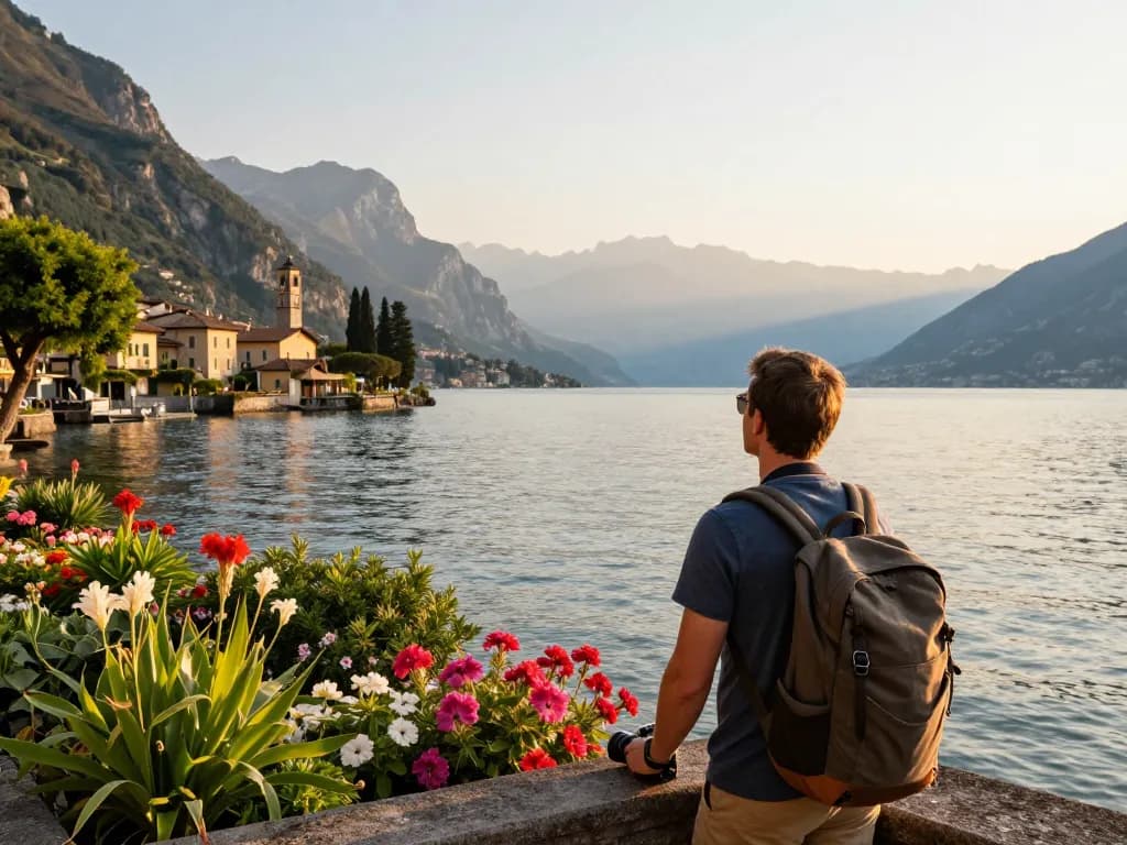 Ein Reisender genießt einen malerischen Blick auf den Gardasee und ist inspiriert, seinen Urlaub am Gardasee zu planen.