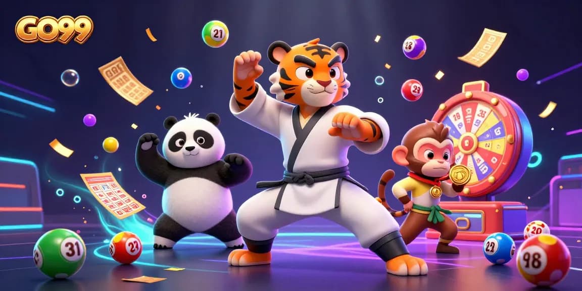 Experience thrilling wins with GO99 as a kung fu tiger and panda disciple surround colorful casino elements.