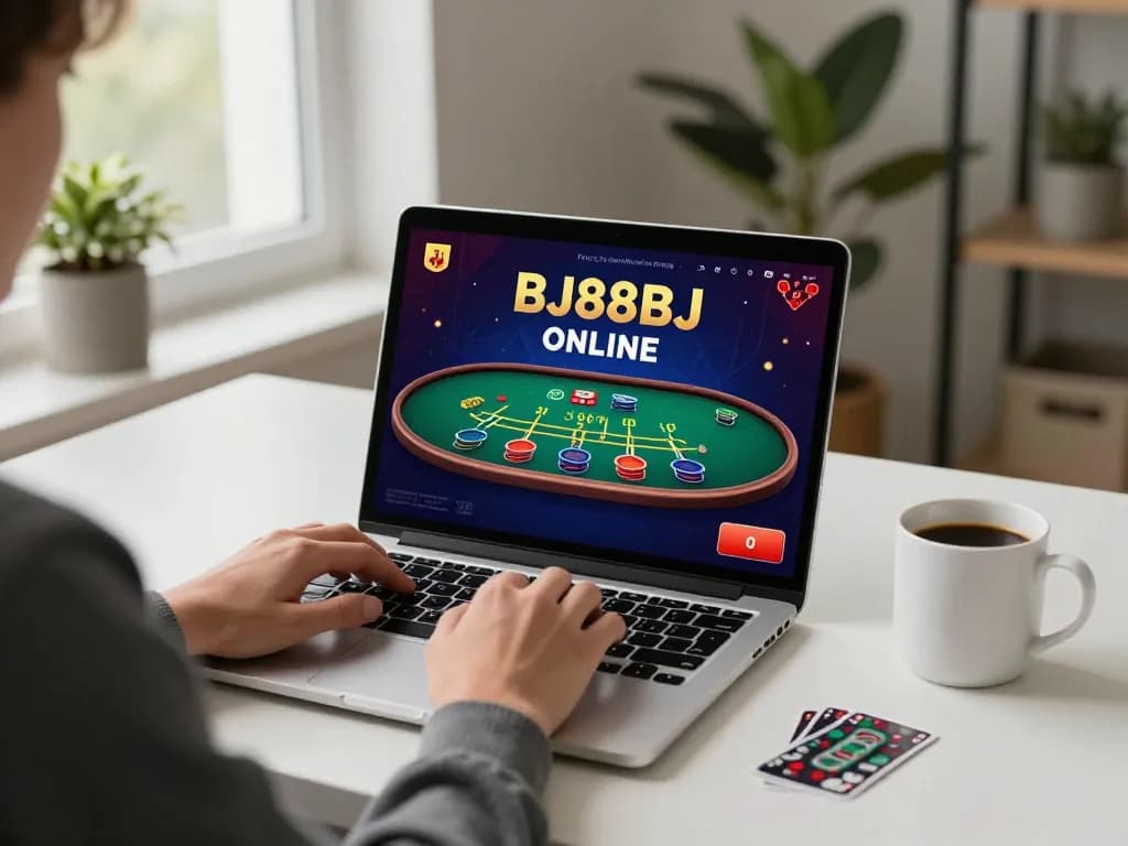 Person engaging in BJ88BJ online casino gaming at home with laptop and cozy atmosphere