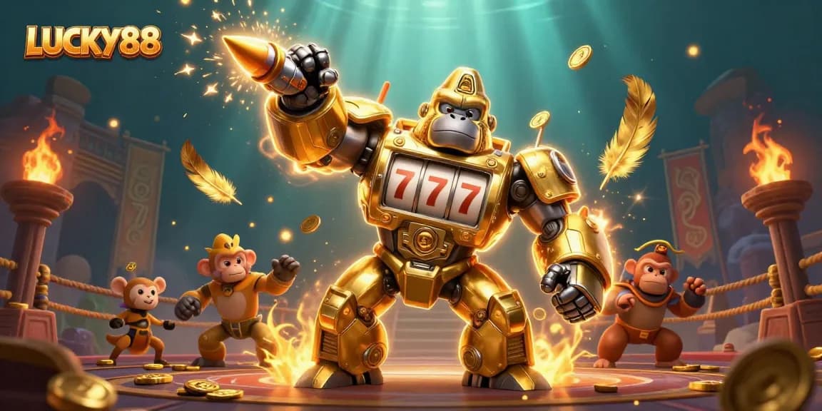 Engage with LUCKY88 by exploring a vibrant 3D casino scene featuring a golden mech and dynamic gaming elements.