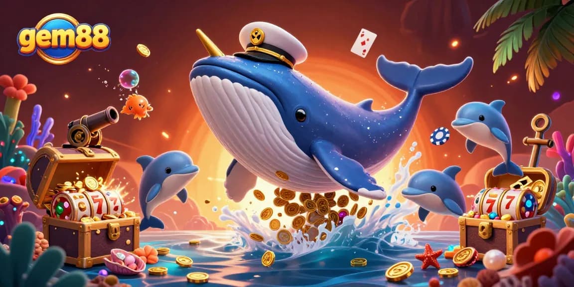 Play and win with gem88 in a vibrant 3D casino under the sea featuring a whale and dolphins.