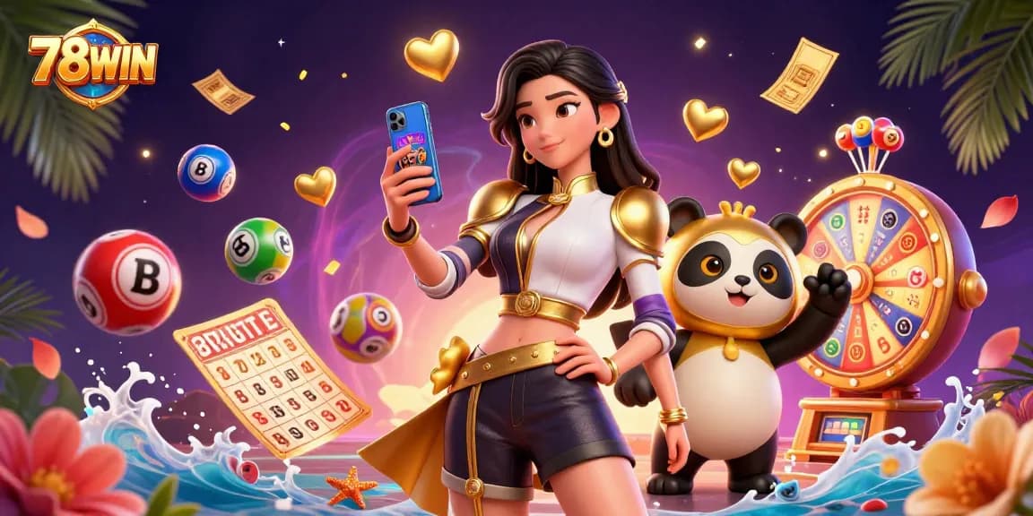 78WIN scene shows a stylish Asian woman with a golden panda mascot and vibrant lottery elements around them.
