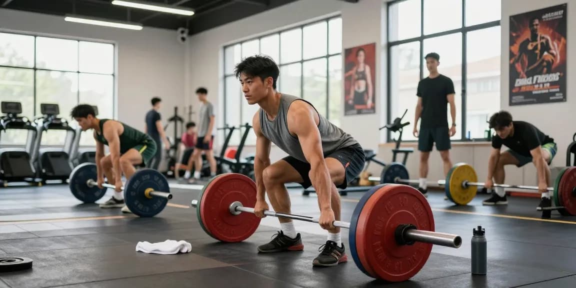 Deus Shop: Sportler hebt Gewichte im modernen Fitnessstudio.