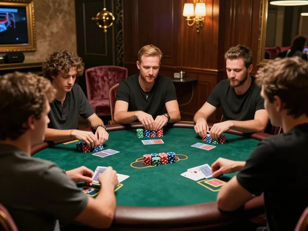 f168 players strategizing at a high-stakes poker table in a luxurious private gaming room