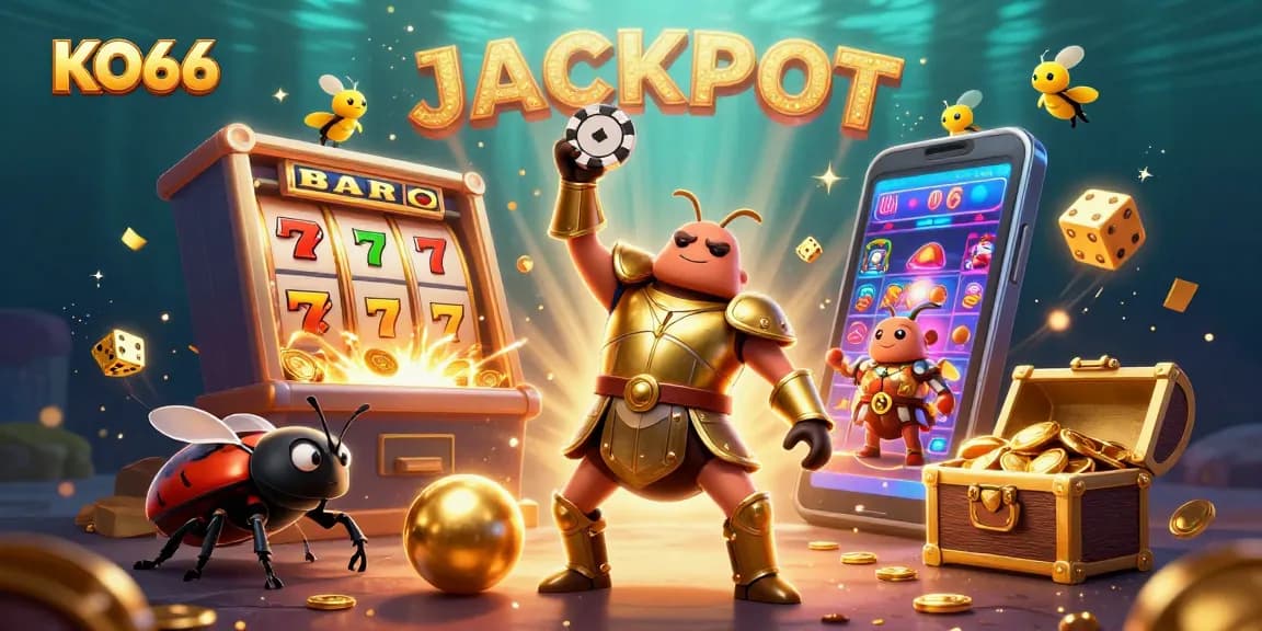 Engage with KO66's vibrant gaming world as beetles celebrate a jackpot amidst dynamic casino elements.
