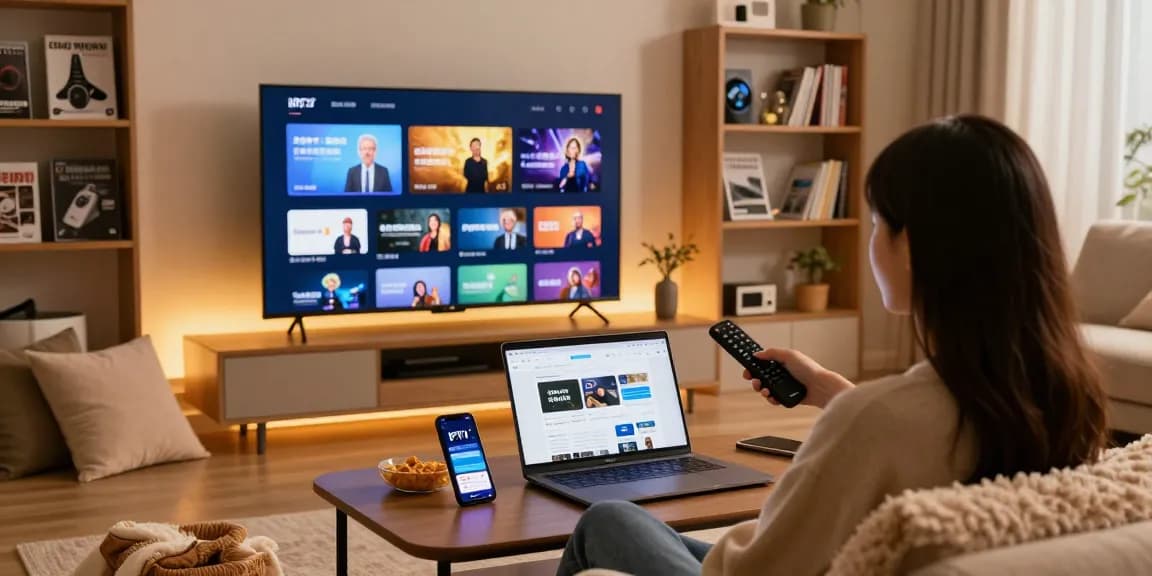 Der IPTV Smart Player wird auf einem modernen Smart-TV in einem gemütlichen Wohnzimmer angezeigt, während der Benutzer entspannt im Sessel sitzt.