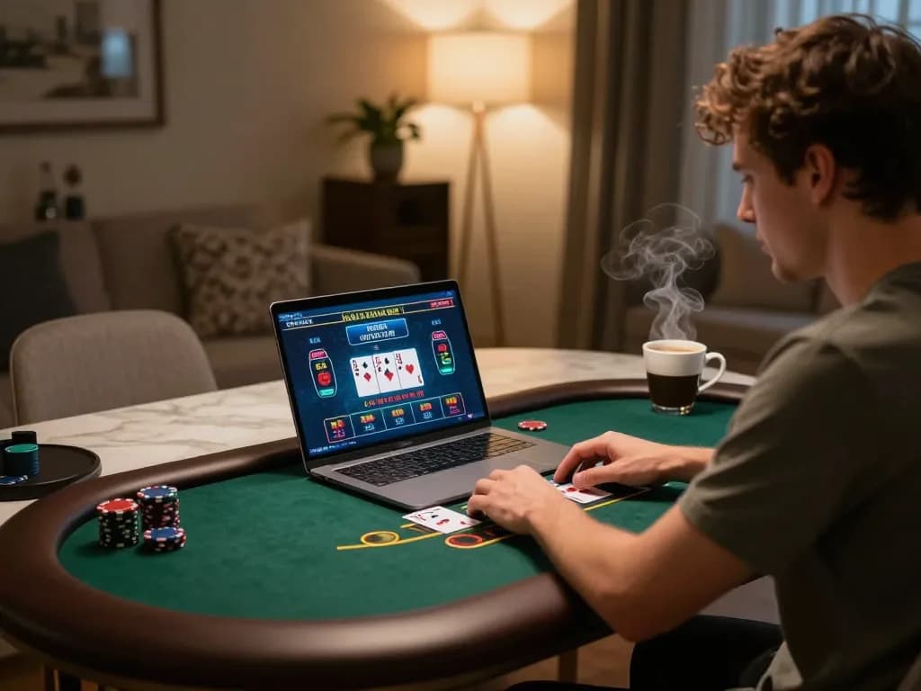 Engaging moment of playing live dealer blackjack on 789win, showcasing online casino excitement comfortably at home.