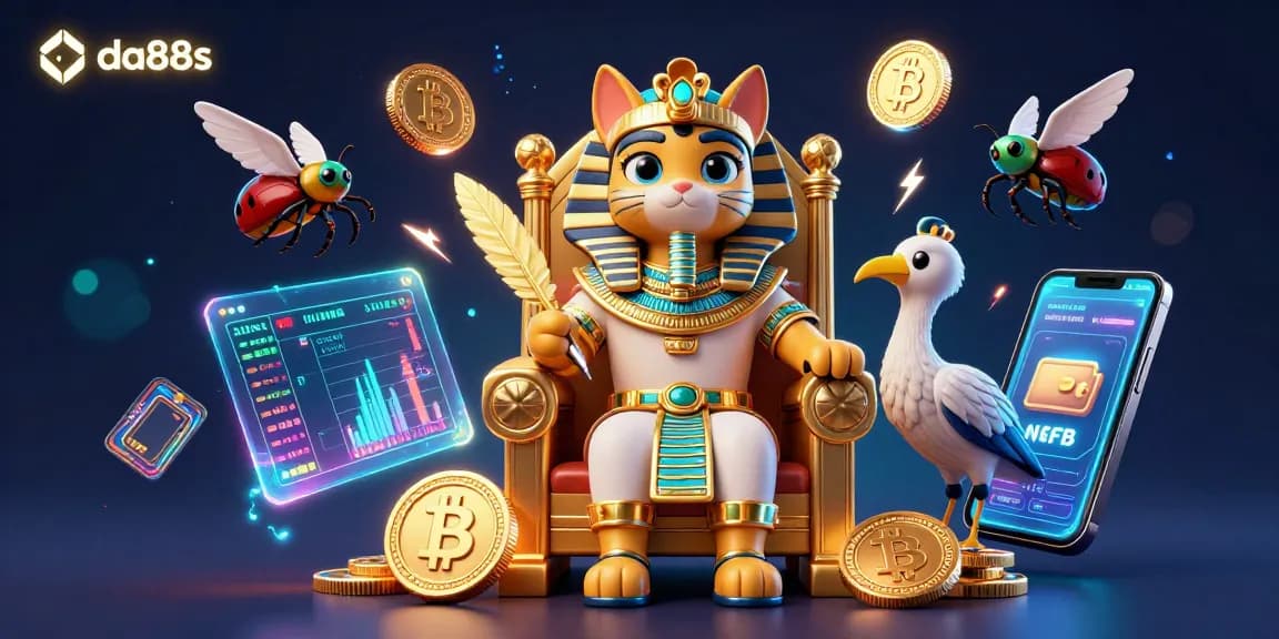 Engage with da88s through vibrant 3D casino visuals showcasing crypto elements and Egyptian themes.