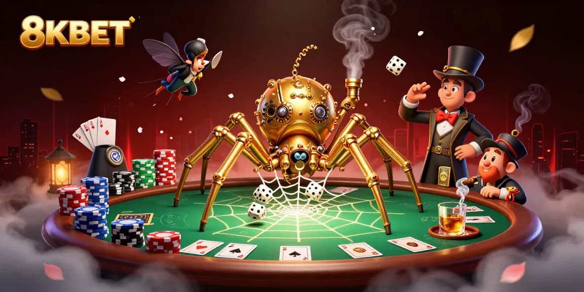 8KBET showcases a captivating 3D image of a steampunk spider webbing together poker elements, representing luck.
