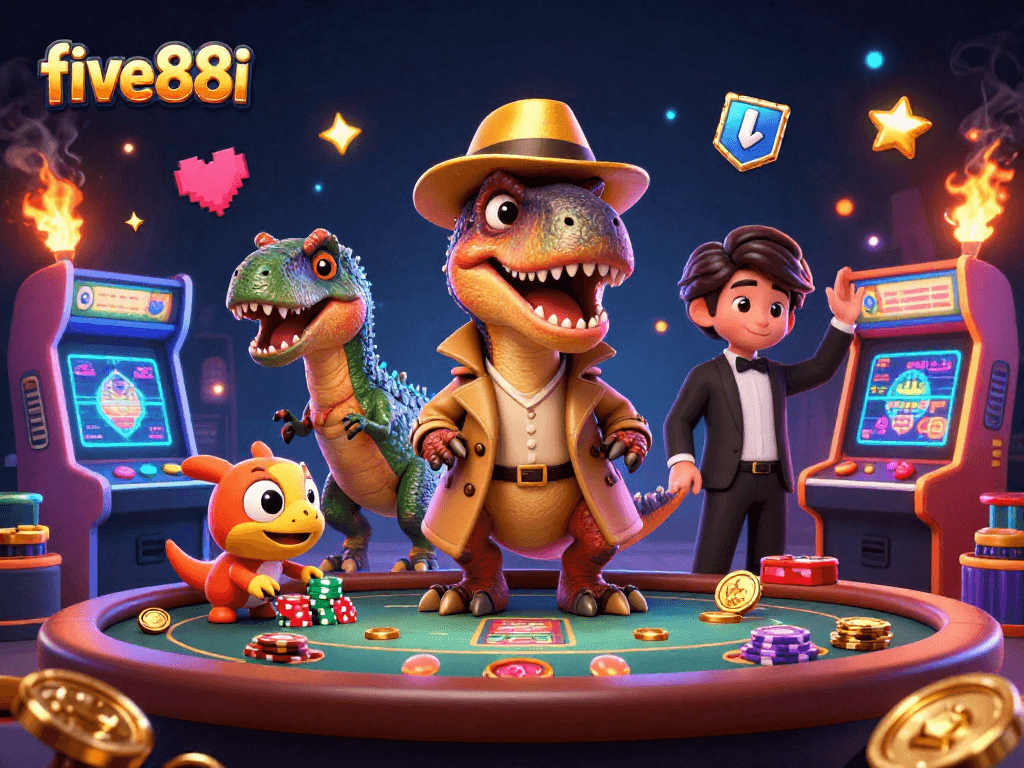 Watch a flashy five88i table scene where playful dinosaurs engage in a thrilling card game.