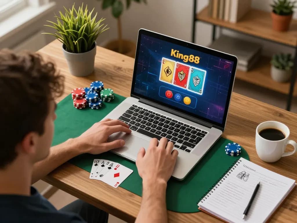 Player enjoying a King88 online poker game, with vibrant setup and strategy notes.