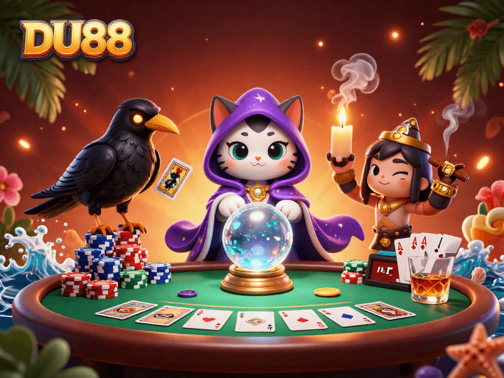 Enjoy a vibrant DU88 online casino scene with a mystic cat, raven, and rich poker elements.