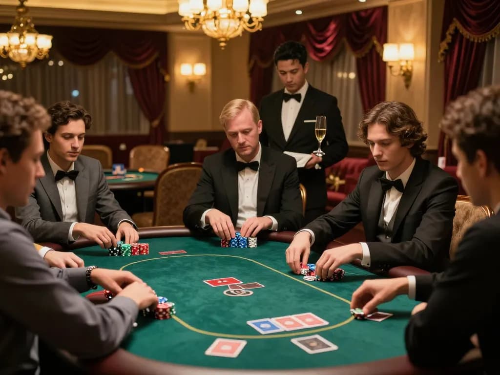 Players strategizing at an upscale VIP poker table, showcasing 79kingz excitement in gambling.
