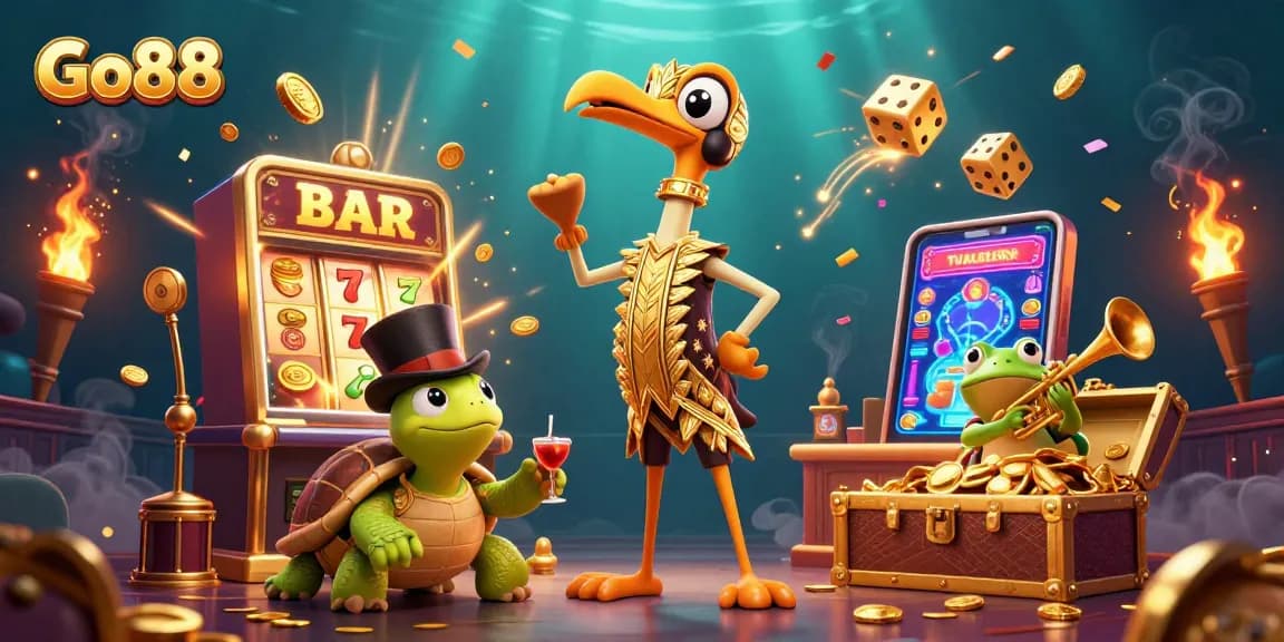 Engage with Go88’s vibrant 3D casino illustration showcasing the excitement of jackpot wins and gaming diversity.