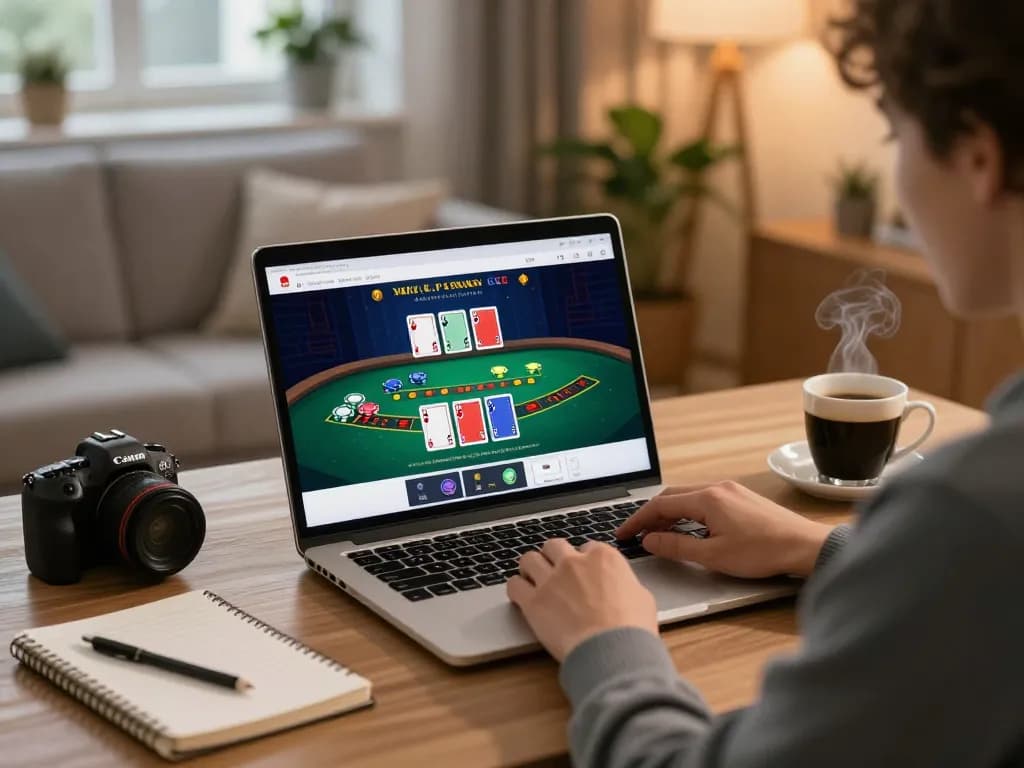 Engaging in strategic online blackjack at RR88, showcasing a cozy home gaming experience with a laptop and handwritten notes.