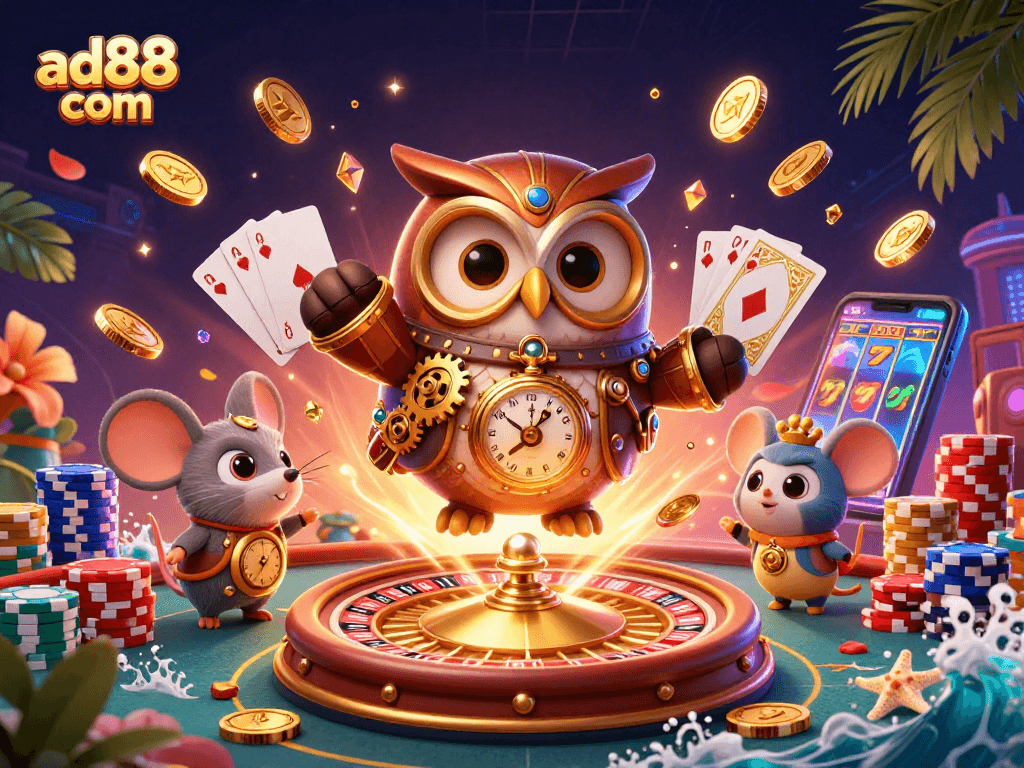 Spin to win at ad88 com with our time-traveler owl and vibrant casino elements