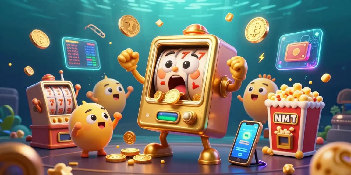 Watch m88's golden slot machine hit the jackpot, surrounded by cheering baby slots and crypto-themed elements.