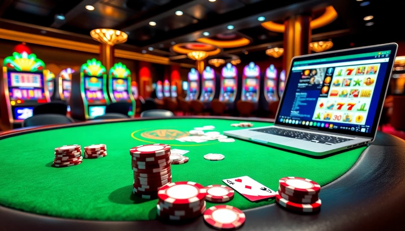 Experience the excitement at Trang Chủ 789club with vibrant casino tables, cards, and slot machines.