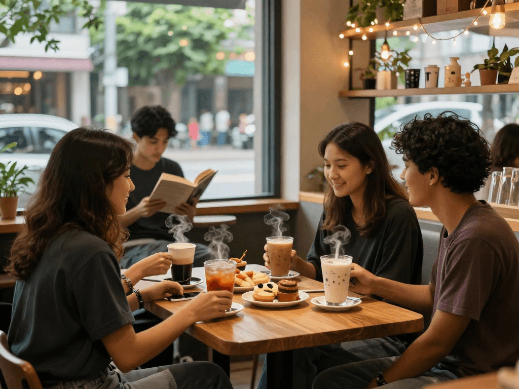 Friends enjoying drinks and pastries at ROKOK88 daftar café, creating a warm and inviting atmosphere.