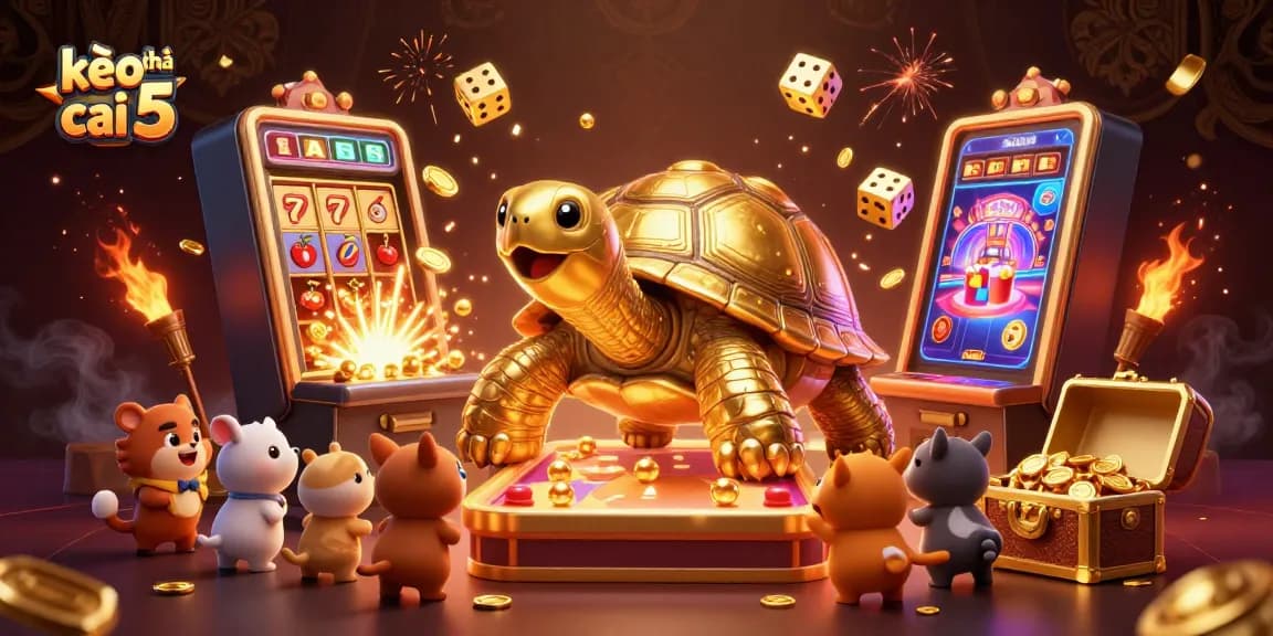 Engage with kèo nhà cái 5 in a vibrant casino scene filled with exciting slot games and animated characters.