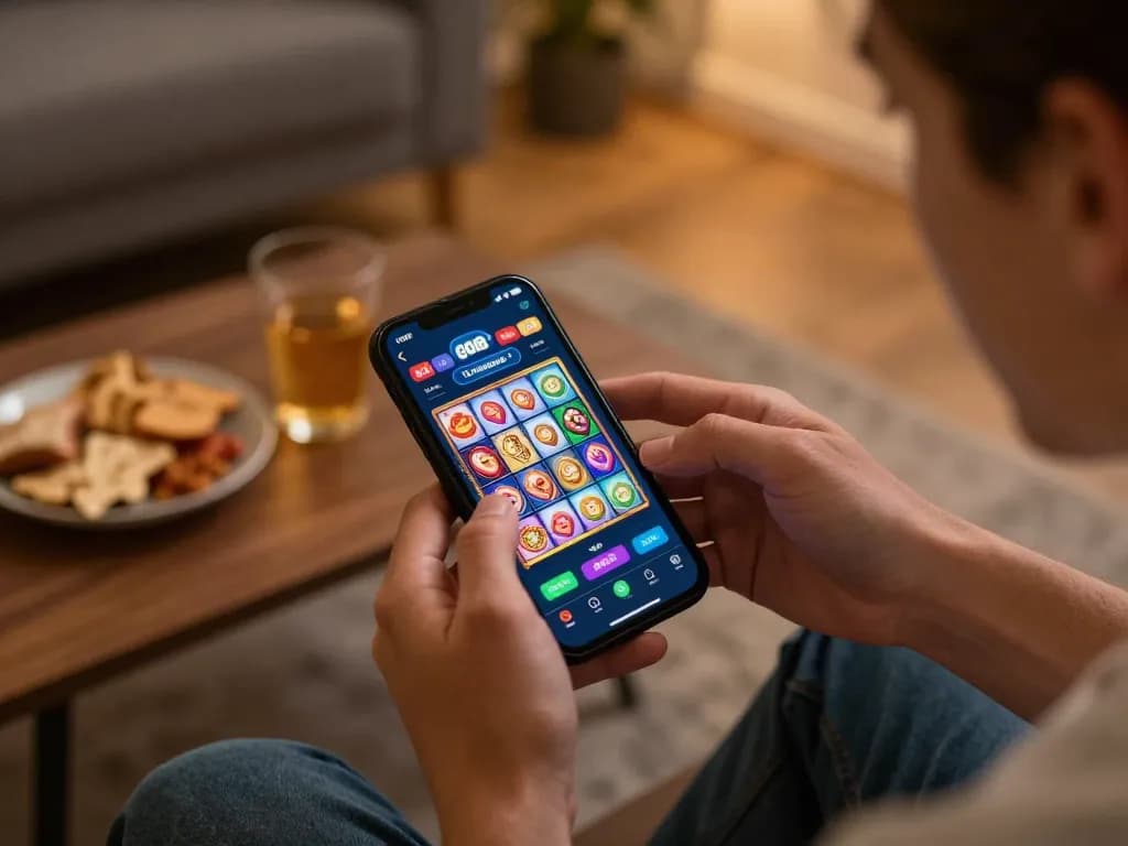 Player engaging with the go88 casino app on smartphone, surrounded by snacks in cozy home setting.