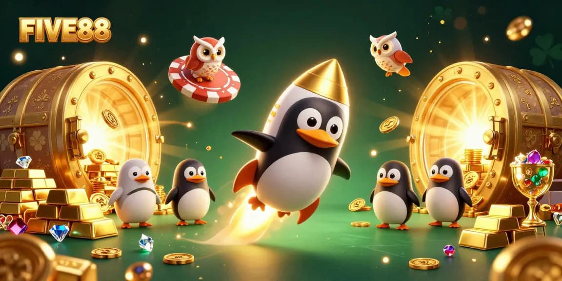 Spin to win at FIVE88 with a golden penguin soaring through a cosmic casino!