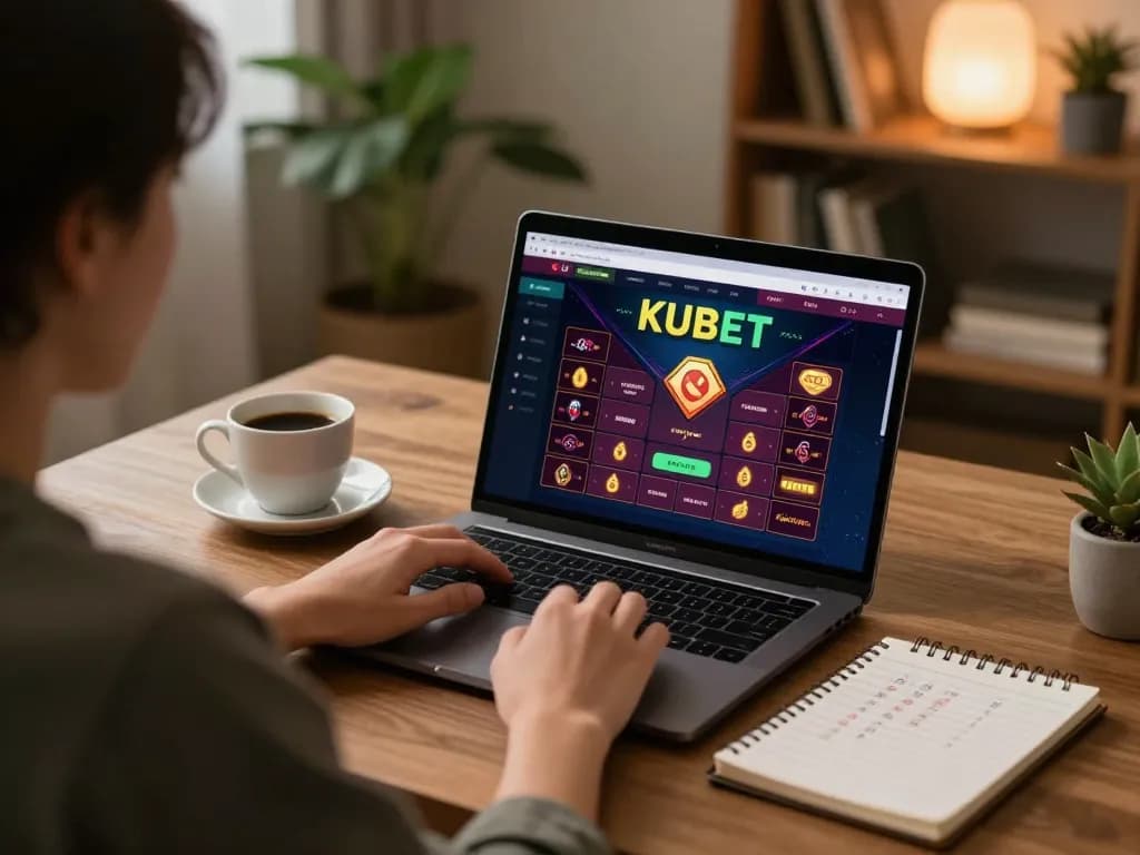 KUBET user enjoying strategic online gambling at home, showcasing laptop interface and cozy atmosphere.