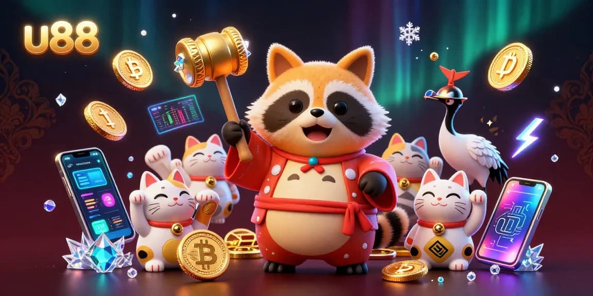 u88 casino illustration featuring a cheerful tanuki with fortune cats and cryptocurrency elements, showcasing vibrant details.