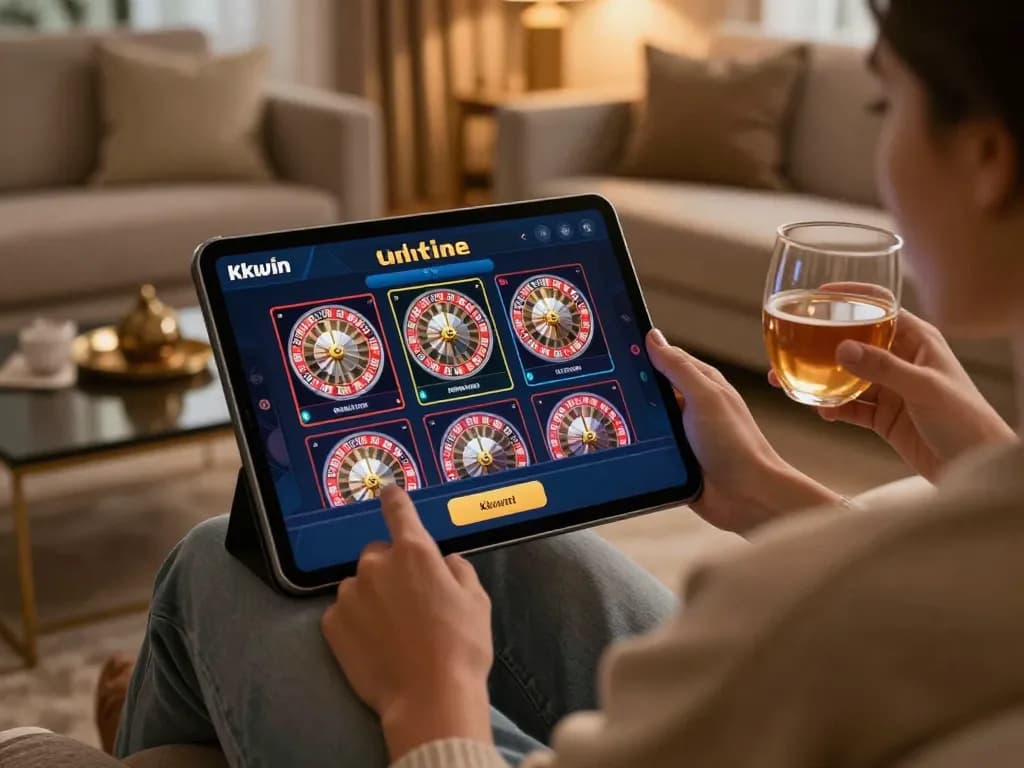 Kkwin interactive online gambling experience on a tablet in a cozy home environment.