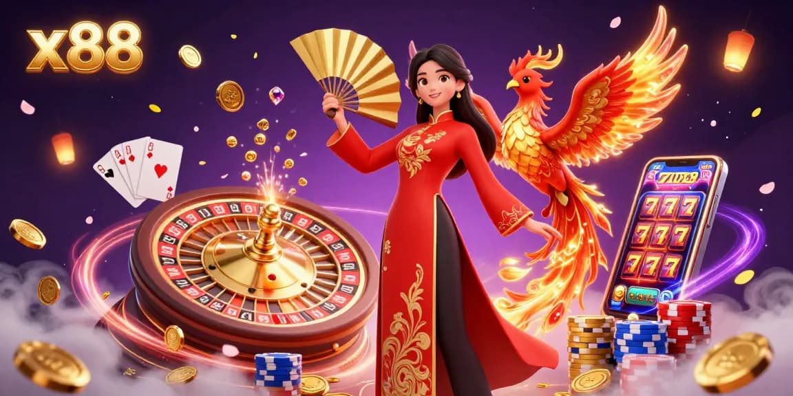 x88 casino illustration featuring a skilled woman and phoenix, celebrating winning with gold coins and vibrant gaming elements.