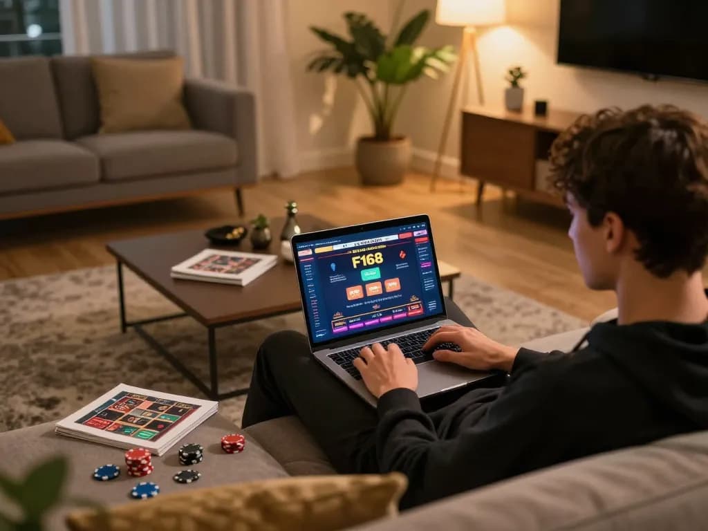 Player enjoying gaming on F168 trang chính thức through their laptop in cozy home setting