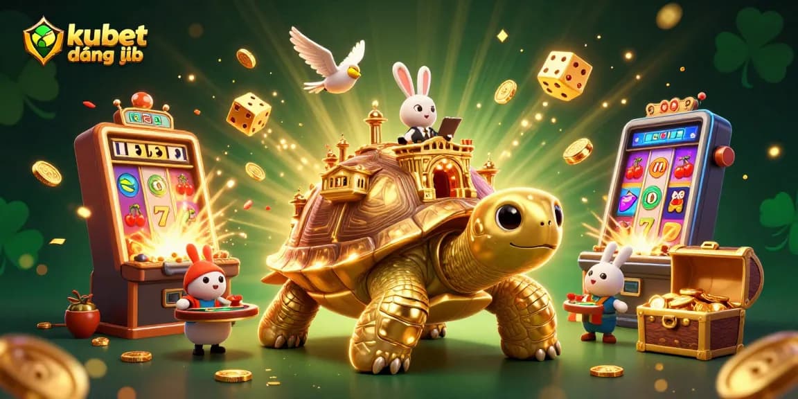 Experience thrilling kubet đăng nhập with a vibrant casino scene showcasing gold tortoise, rabbit dealer, and dynamic game elements.